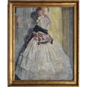 Jean Maxence "woman In A White Dress" Oil On Cardboard 46x38